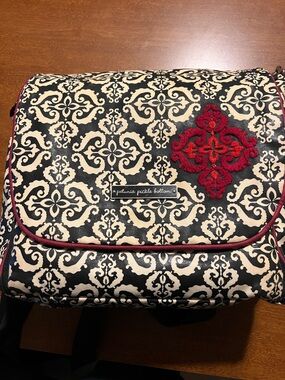Petunia Pickle Bottom Black and Cream Damask Baby Bag with Red Embroidery